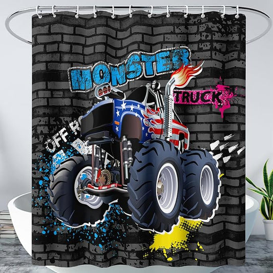 AILONEN Monster Truck Shower Curtain, Black Retro 3D Printed Truck Bath Curtain for Boys,Red Blue Truck Car Bathroom Decor Waterproof Fabric 72" W*72" H Inch with 12 Plastic Hooks