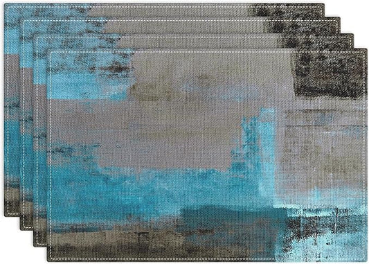 Emvency Farmhouse Placemats Set of 4, Vintage Blue and Grey Art Painting 12x18 Inch Abstract GrayTable Mats for Outdoor Home Party Kitchen Dining Decoration
