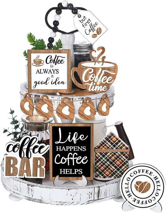 Set of 11 Farmhouse Tiered Tray Decor Rustic Home Tiered Tray Decorations Set Coffee Time Home Wooden Signs Coffee Bar Farmhouse Tabletop Wood Signs for Kitchen Table Shelf Decor
