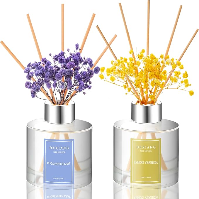 Reed Diffuser Set 3.38 oz (100ml) 2pcs,Eucalyptus/Lemon Verbena Scented Reed Diffuser Set,Reed Diffuser & 12pcs Reed Diffuser Sticks,Home & Kitchen| Home & Bathroom Decor，Fragrance and Gifts