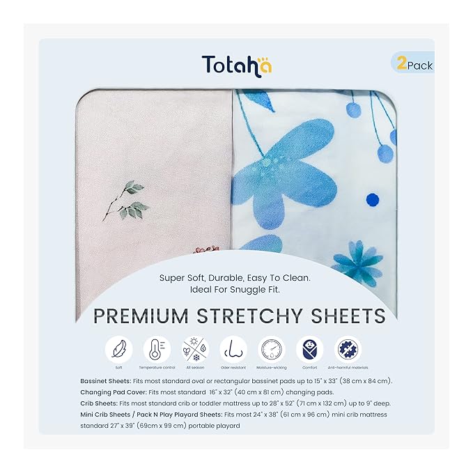 TotAha Premium Stretchy Bassinet Cradle Sheets (2-Pack) -Hypoallergenic, Silky Comfort, Buttery Soft, Calming Effect, All-Season Jersey-Knit, 32 X 16 X 3''(Blue Flower & Small Floral)