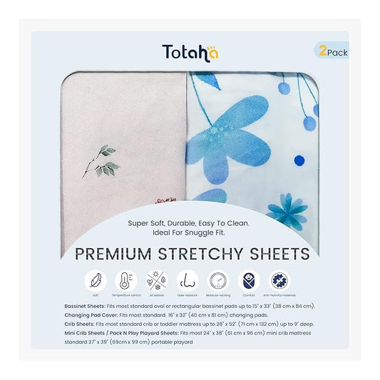 TotAha Premium Stretchy Bassinet Cradle Sheets (2-Pack) -Hypoallergenic, Silky Comfort, Buttery Soft, Calming Effect, All-Season Jersey-Knit, 32 X 16 X 3''(Blue Flower & Small Floral)
