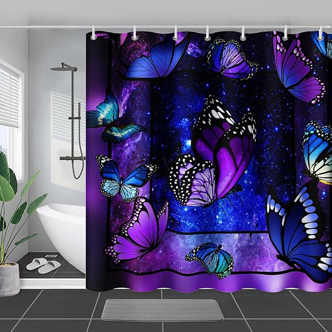 AILONEN Butterfly Shower Curtain for Bathroom Mystic Purple Galaxy Starry Decor Bath Curtain 72" W*96" H Polyester Fabric Waterproof Bathroom Curtain with 12 Hooks