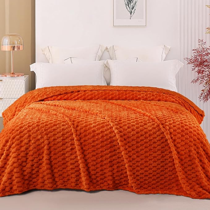 Exclusivo Mezcla Queen Size Soft Fleece Blanket, 90x90 Inches Stylish Jacquard Velvet Blanket for Bed, Fuzzy Cozy Lightweight for All Season, Burnt Orange