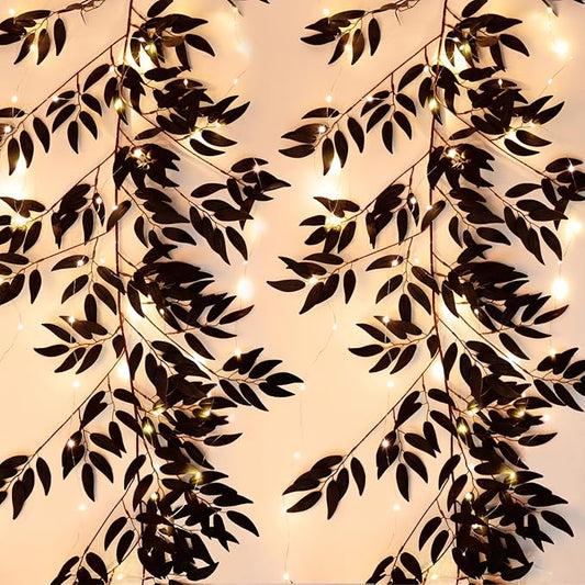 Artificial Black Willow Leaves Vine Twigs Whit Light 2Pcs 5.7Ft Fake Hanging Black Halloween Garland Faux Silk Willow Leaves Ivy Indoor Outdoor Jungle Birthday Autumn Wreath Halloween Party Decor