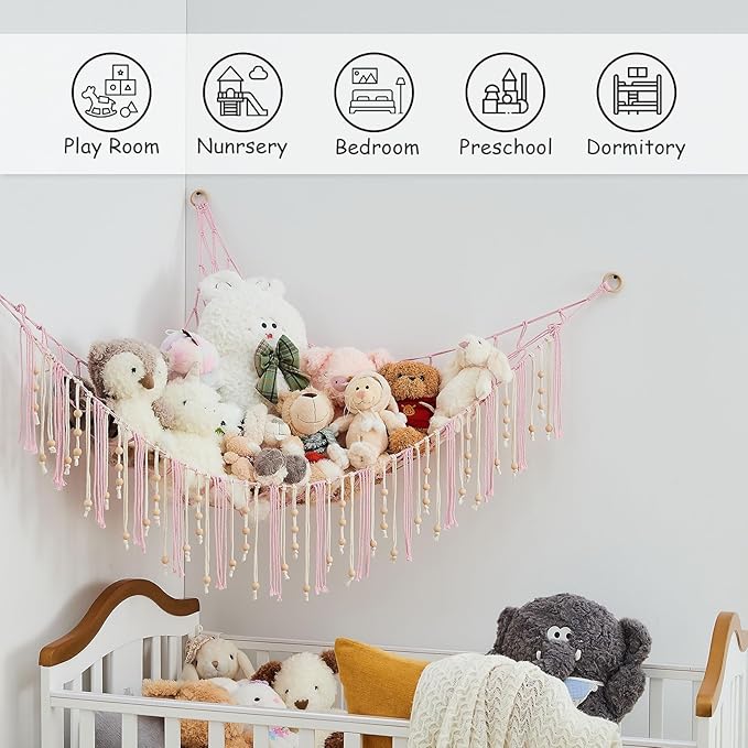 Pretty Jolly Stuffed Animal Storage Hammock with Wooden Beads Corner Hanging Net Boho Tassel for Toy Plush Holder for Kid Room Nursery Decor Wall Display Organizer for Girls Boy Gift(Light Pink)