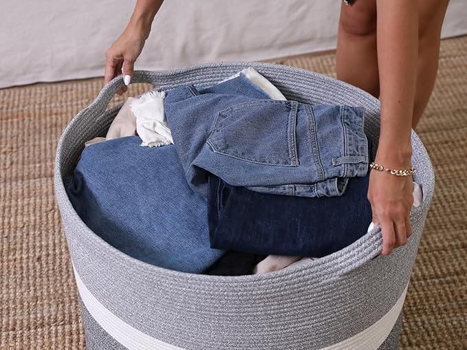 24" x 24" x 17" Mega Size Extra Large Storage Basket, Cotton Rope Storage Baskets, Woven Hamper, Cloth Storage Bin, for Clothes Blanket, Dual Grey