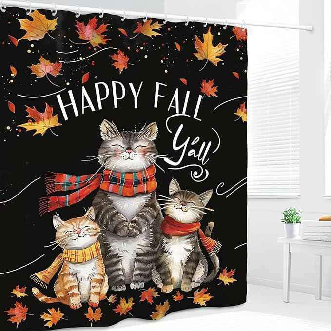 Funny Cat Autumn Shower Curtain 60Wx72L Inch Fall Maple Harvest Thanksgiving Animal Cute Bathroom Set Accessories Decor with 12 Pack Hooks