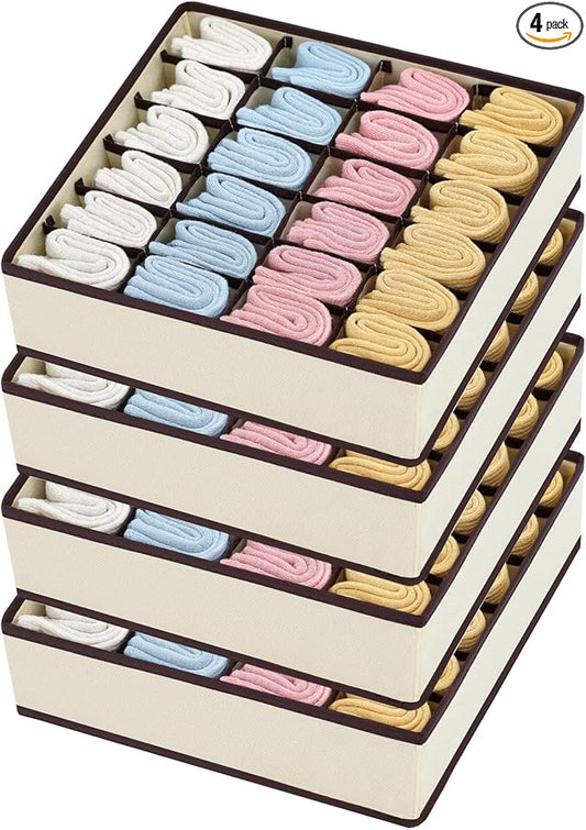 Joyoldelf Sock Drawer Organizer Divider Underwear Organizer 24-cell Fabric Dresser Drawer Organizers Storage Boxes for Socks Lingerie, Handkerchiefs, Ties 4 Pack (Beige)