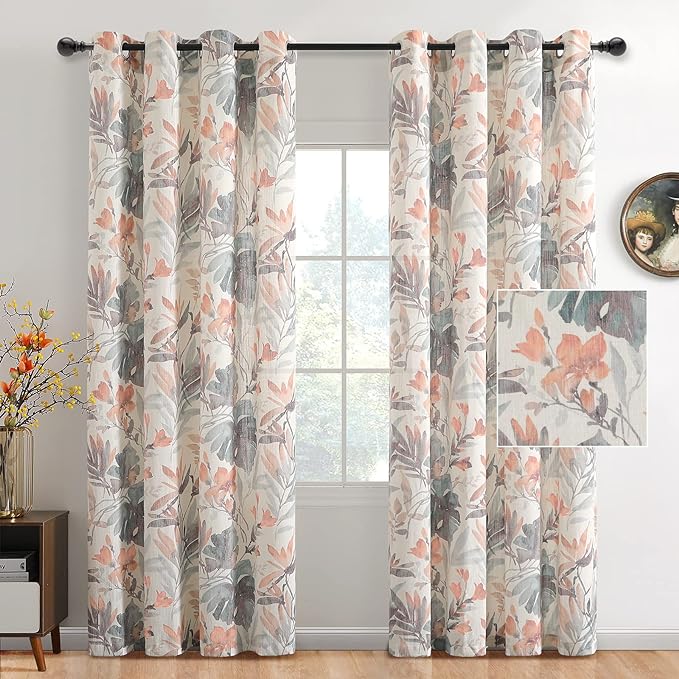 MYSKY HOME Coral Curtains 95 Inches Printed Cotton Grommet Linen Curtains for Living Room Light Filtering Curtain Burlap Effect Drape Window Treatments, 2 Panel Coral and Natural