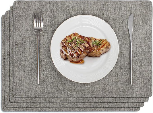 Softalker Faux Leather Placemats Set of 4-Vinyl Heat Resistant Place Mats, 100% Waterproof Oilproof Wipe Clean Table Mats for Indoor & Outdoor Use, 17’’×12’’, Light Grey