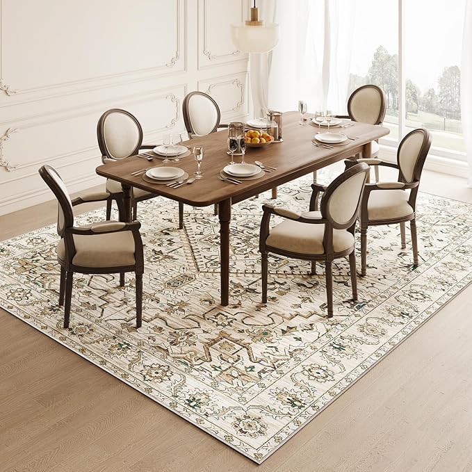 VK VK·LIVING 8x10 Area Rug Washable Rugs for Living Room Rug Vintage Design Boho Rug with Non Slip Living Room Rug Bedroom Carpet Stain Resistant, Home Decor, Beige