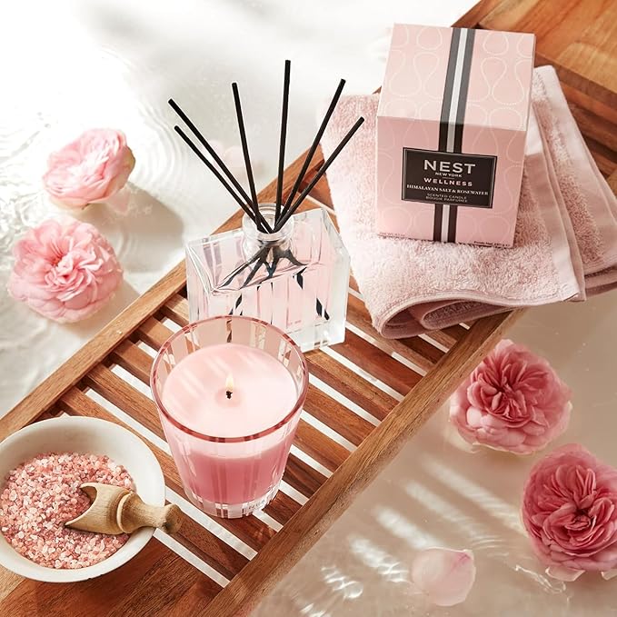 NEST New York Reed Diffuser, Himalayan Salt & Rosewater - 5.9 fl oz - Fragrance for Up to 90 Days - Reusable, Refillable Glass Holder - Includes 8 All-Natural Reed Sticks - Flame Free