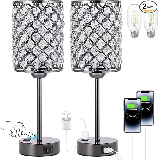Hong-in Black Table Lamps Set of 2-3-Way Dimmable Nightstand Desk Lamp with USB C and A Ports and AC Outlet,Modern Bedside Table Light for Bedroom(Bulbs Included)
