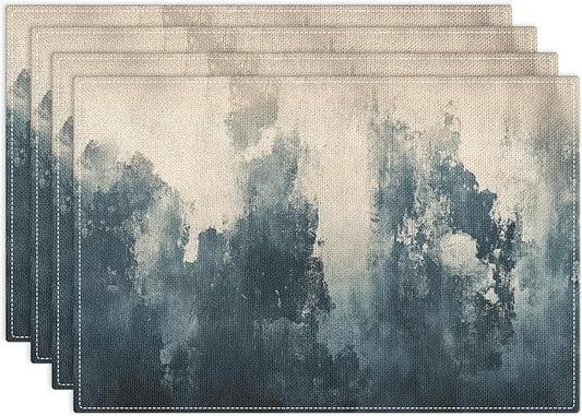 Emvency Farmhouse Placemats Set of 4, Abstract Dark Blue and Beige Vintage Art Painting 12x18 Inch Table Mats for Outdoor Home Party Kitchen Dining Decoration