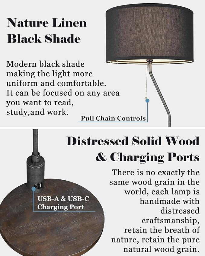 ELYONA C Shaped End Table Floor Lamp with USB A+C Charging Ports Wood Side Table Modern Reading Light Black Linen Shade Farmhouse Tall Standing Lamp for Living Room Bedroom Office LED Bulb Included