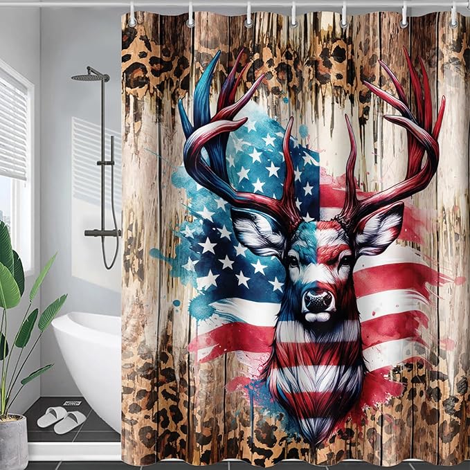 AILONEN Deer Hunting Shower Curtain for Bathroom Decor,American Flag Elk Bath Curtain for Kids Boys Teens,Safari Deer Print Curtain,Polyester Waterproof with 12 Plastic Hooks 60" W*72" H