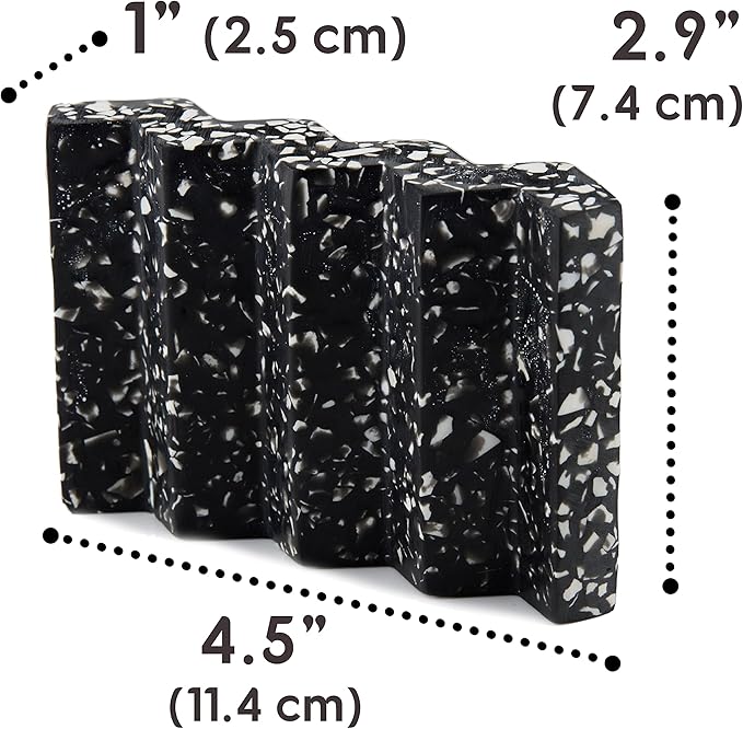 Zig Zag Jesmonite Terrazzo Stone Soap Dish for Bathroom Sink - Concrete Soap Saver for Bar Soap Holder for Shower - Sponge Holder - Self Draining Soap Dish Holder - Kitchen Soap Tray (Black)