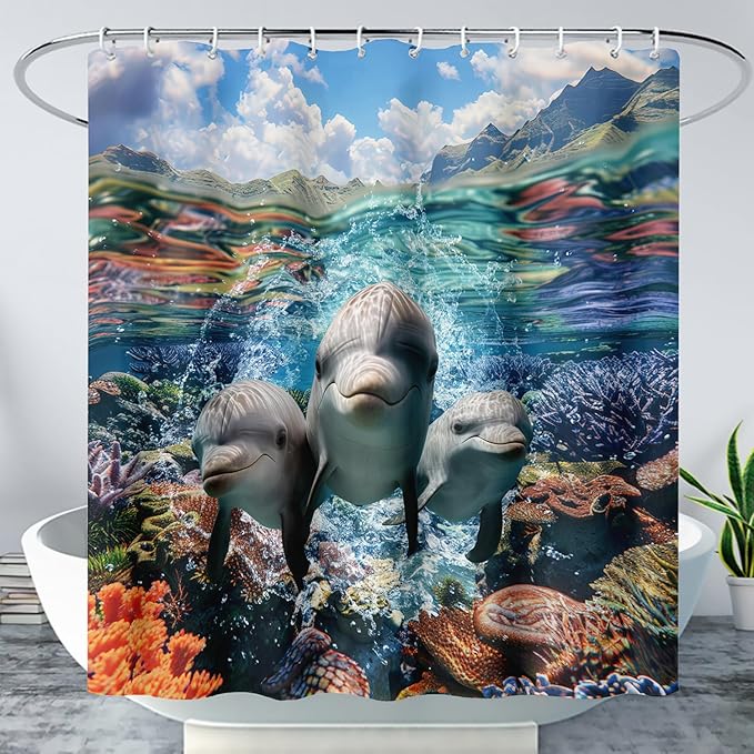 AILONEN Cute Dolphin Shower Curtain,Ocean Dolphin Bath Curtain,Tropic Sea Coral Beach Curtain,Boys Girls Kids Curtain for Bathroom Decor Waterproof, 72" W x 96" H