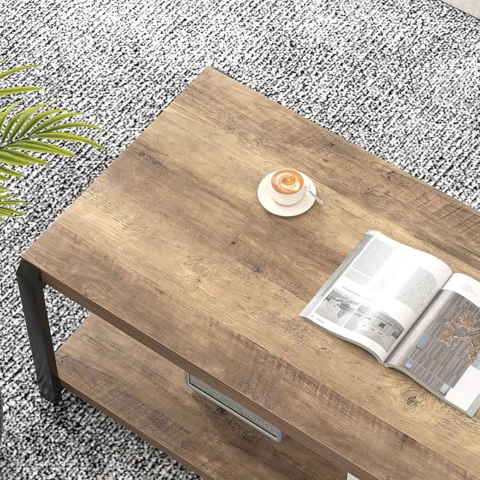 EXCEFUR Modern Coffee Table, Rustic Wood and Metal Center Table for Living Room, Industrial Rectangle Cocktail Tea Table with Storage, Oak
