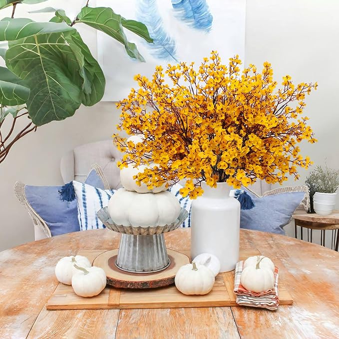 AILANDA 12 PCS Artificial Fall Flowers Babys Breath Orange Yellow Real Touch Silk Floral Arrangement Gypsophila Flowers for Home Wedding Table Centerpiece Fireplace Vase Filler Autumn Decor