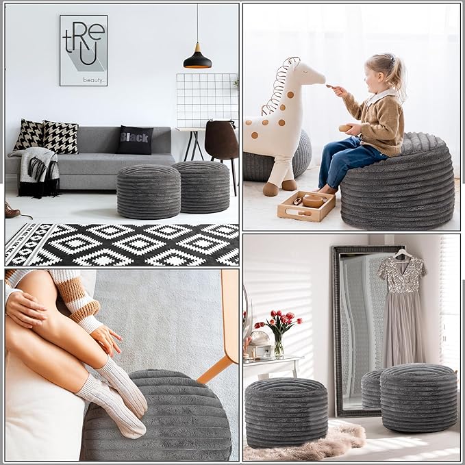 2 Pcs 26 x 18 Inch Unstuffed Pouf Cover Ottoman Foot Rest - No Filler, Faux Rabbit Fur Foot Stool Floor Bean Bag Floor Chair Storage for Living Room Bedroom Home Decor(Gray)