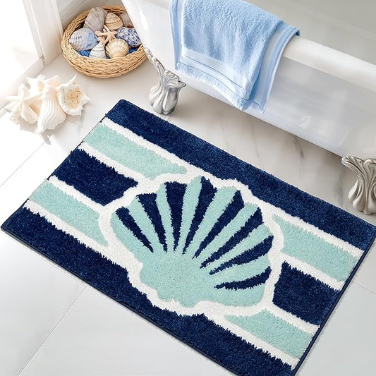 Navy Blue Beach Bathroom Rugs Non Slip Washable Cute Coastal Bath Mats Rugs for Bathroom Floor Nautical Fluffy Plush Soft Absorbent Farmhouse Carpet for Shower, Tub, 20x32 inch