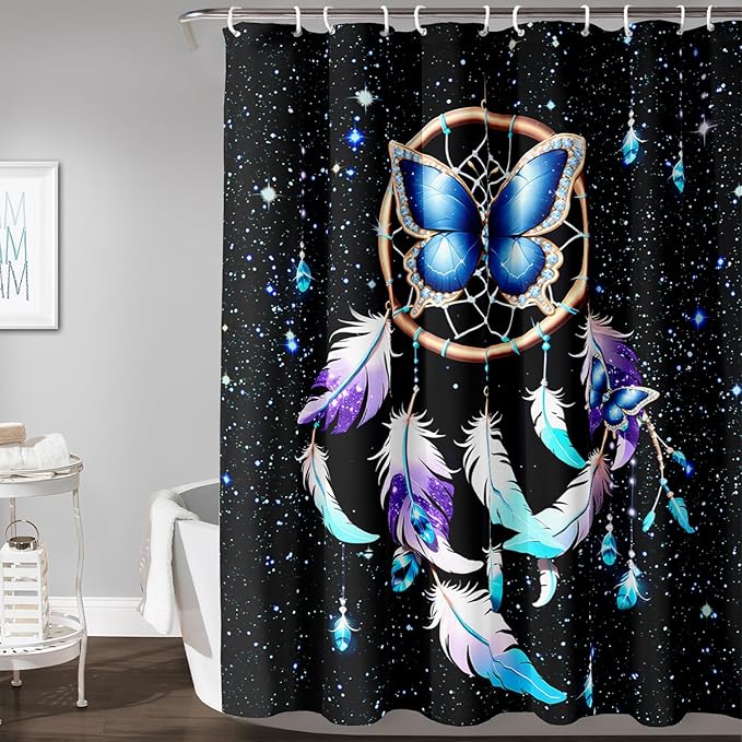 AILONEN Butterfly Dreamcatcher Shower Curtain, Blue Starry Galaxy Butterfly Bath Curtain,Dream Catcher Feather Print Waterproof Bathroom Curtain with 12 Plastic Hooks for Girls Women 48" W*72" H