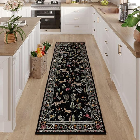 Runner Rug for Kitchen Rug Non Slip 2'6''x8' Washable Rugs with Rubber Backing Soft Floral Animal Carpet Runner for Kitchen, Laundry, Bedroom, Bathroom (Black)