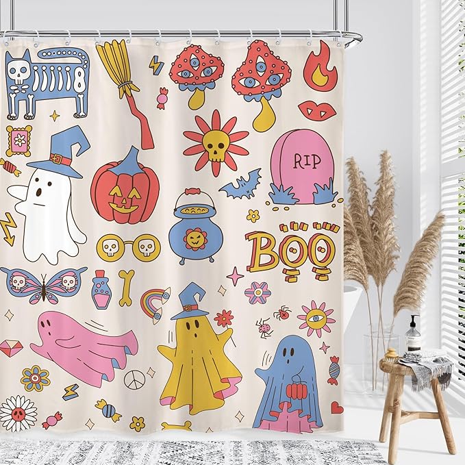 70s 60s Halloween Cute Shower Curtain 60Wx72L Inch Groovy Funky Hippie Kids Retro Child Ghost Pumpkin Mushroom Scary Bathroom Set Accessories Decor Polyester Waterproof with 12 Pack Hooks