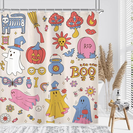 70s 60s Halloween Cute Shower Curtain 60Wx72L Inch Groovy Funky Hippie Kids Retro Child Ghost Pumpkin Mushroom Scary Bathroom Set Accessories Decor Polyester Waterproof with 12 Pack Hooks