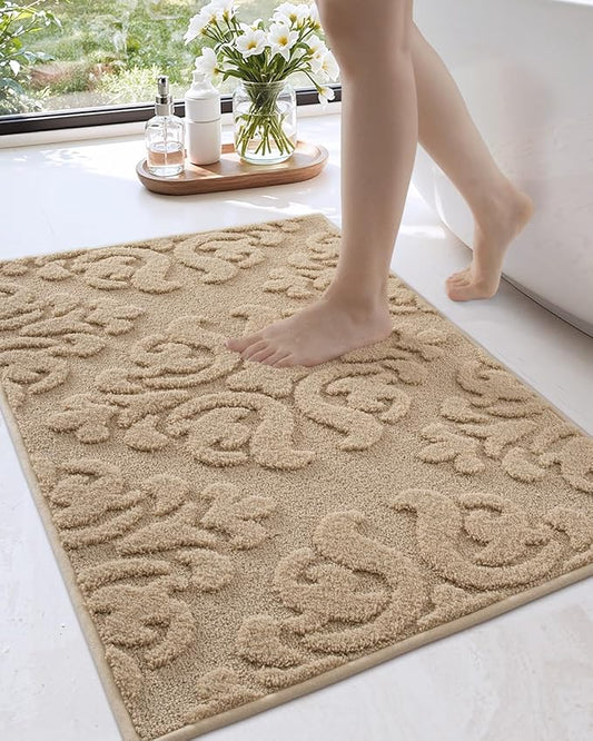 DEXI Bathroom Rug 24x43, Non Slip Washable Bath Mat for Shower Floor, Absorbent Soft Bathmat with Rubber Backing, Plush Fluffy Microfiber Floral Retro Carpet, Beige
