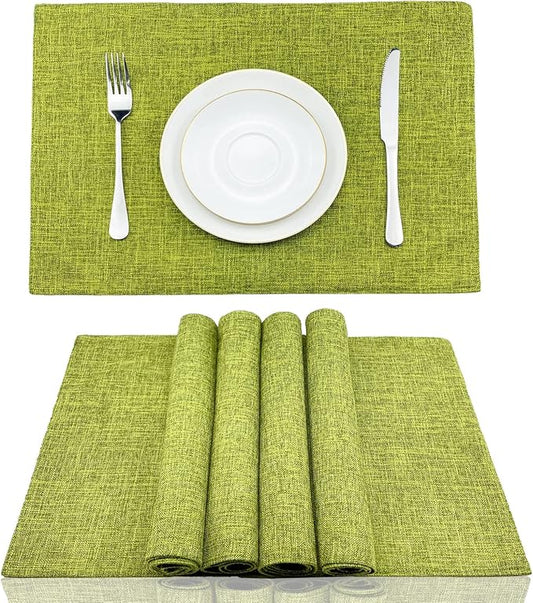Weabetfu Cloth Placemats Set of 4 Heat Resistant Dining Table Placemmats Cotton Linen Machine Washable Kitchen Table Mats Wrinkle Free Thick Fabric Place Mats,Easy to Clean,13×19inch,Grass Green