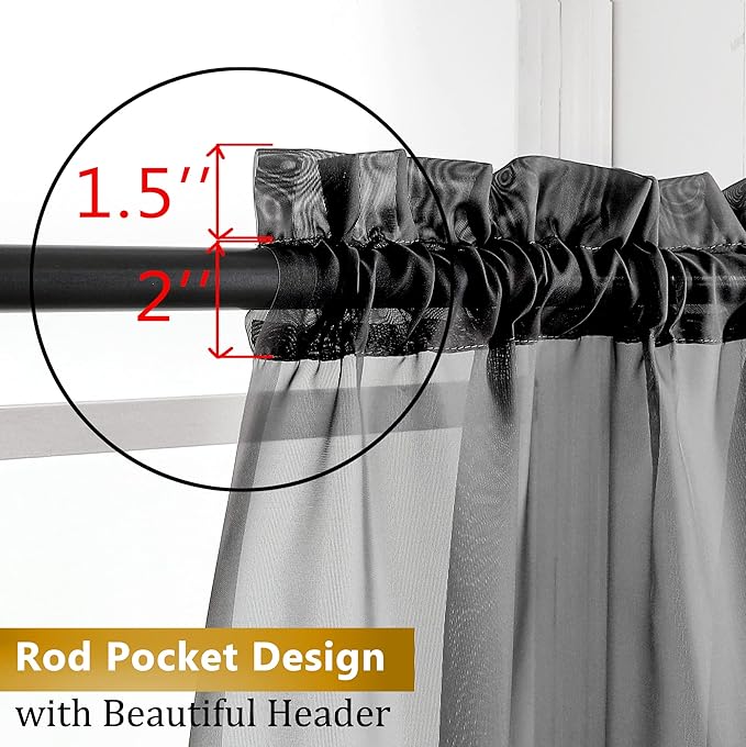 Aiyufeng 2 Panels Black Sheer Valance 14 Inch Length, Short Curtains for Bedroom, Kitchen Curtains for Small Window, Dual Rod Pocket (40 by 14 Inches Long)