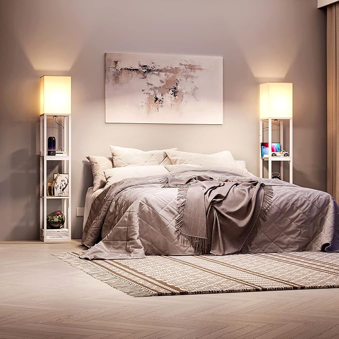 SUNMORY Dimmable Floor Lamp with Shelves,Modern Solid Wood Standing Lamp with 1 Drawer and 2 USB Ports & 2 Power Outlet,Corner Tall Bookshelf Lamp for Living Room and Bedroom(White)