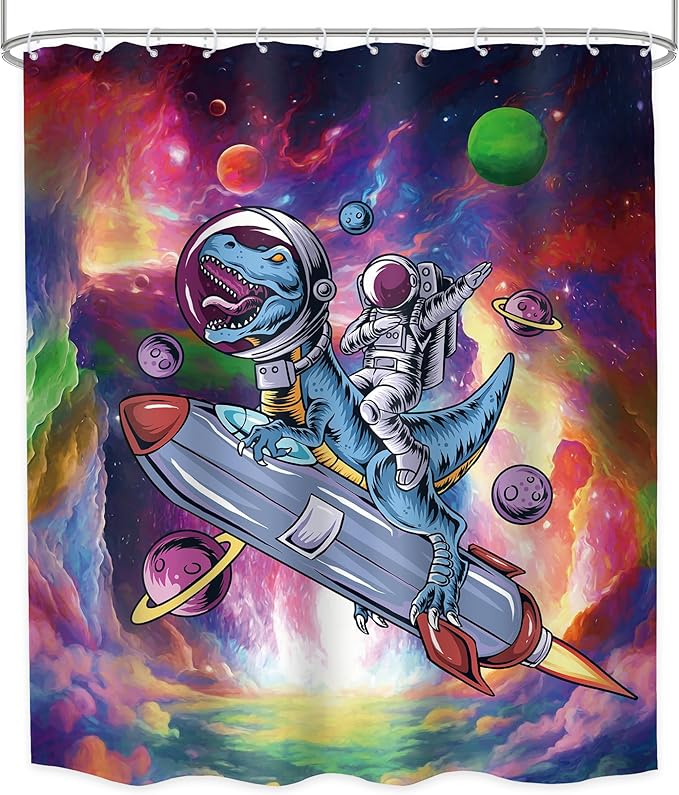 LGhtyro Funny Dinosaur Shower Curtain Bathroom Set 60Wx71H Inches Astronaut Dino Kids Boys Men Cool Universe Planet Galaxy Space Bath Accessories Colorful Cartoon Art Home Decor Fabric 12 Pack Hooks