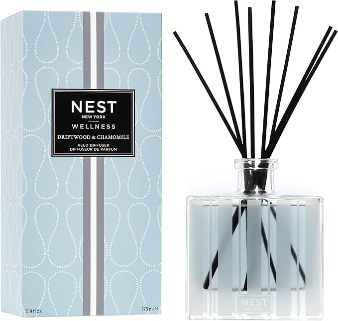 NEST New York Reed Diffuser, Driftwood & Chamomile - 5.9 fl oz - Fragrance for Up to 90 Days - Reusable, Refillable Glass Holder - Includes 8 All-Natural Reed Sticks - Flame Free