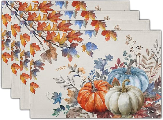 Fall Placemats Set of 4, 12 x 18 Inch Blue and Orange Pumpkin Fall Maple Leaves Washable Heat Resistant Rectangle Place Mat Thanksgiving Decor Table Mats for Seasonal Kitchen Dining