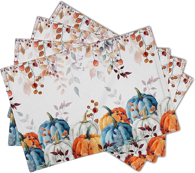 Fall Placemats for Dining Table Set of 4, Autumn Pumpkins Leaves Thanksgiving Harvest Washable Cloth Farmhouse Decorative Kitchen Table Mats 12x18 Inch for Seasonal Home Party Outdoor