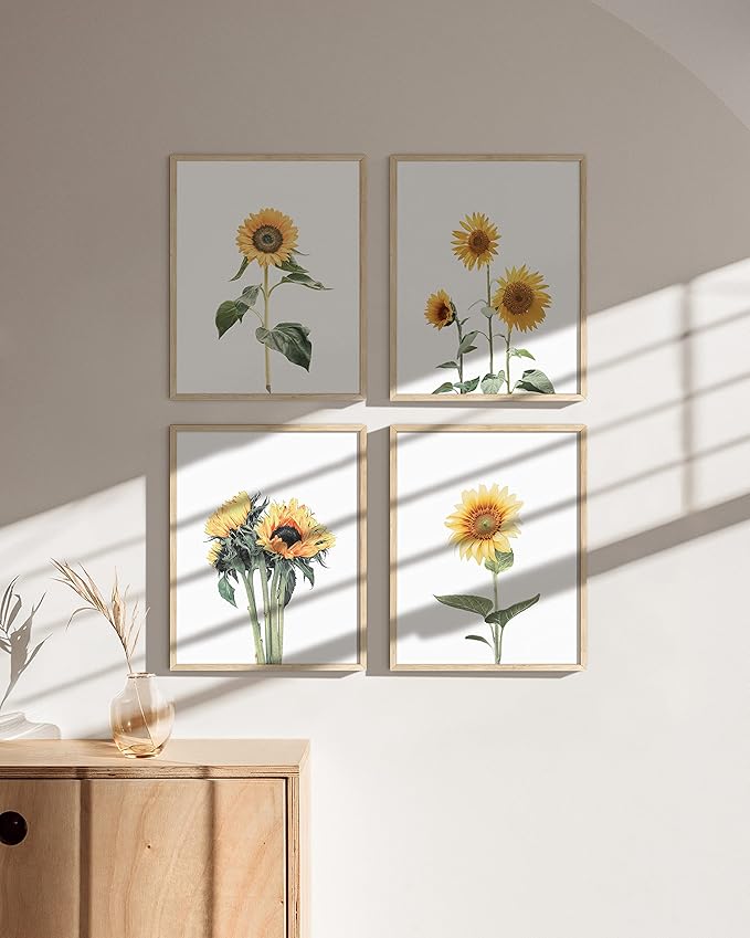 HAUS AND HUES Sunflower Wall Decor and Sunflower Posters Set of 4 Sunflower Bedroom Decor Sunflower Paintings for Wall Yellow Wall Art Kitchen Decor (Sunflower Set Collage 11x14 Framed Beige)