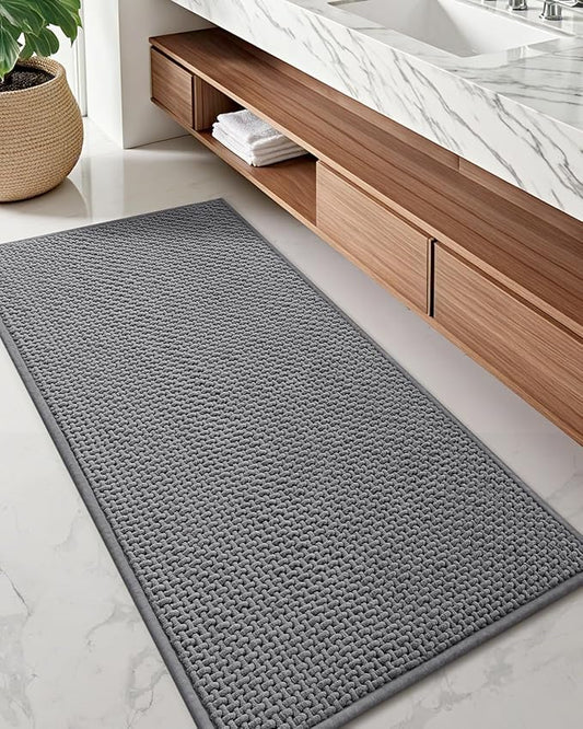 Color&Geometry Chenille Pile Long Bathroom Runner Rugs Upgraded Denser, 24"x47" Non Slip Absorbent Grey Bath Mats for Bathroom, Washable Shower Mat Outside Shower Quick Dry