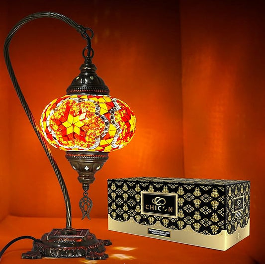 CHICON Handmade Mosaic Turkish Lamp | Genuine Glass Mosaic | A Piece of Art in Unique Lamps | Antique Vintage Lamp | Tiffany Boho Lamp | Moroccan Bohemian Small Table Lamp - SWAN Flower Red Amber