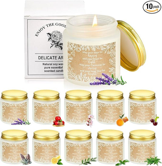 MTLEE 10 Pcs Christmas Soy Wax Candle 3.5 oz Christmas Scented Jar Bright New Year Heart Thank You Gift Light Candle Happy Candles Holiday Gift for Family Nurse Coworker Employee (Fresh Flavor)