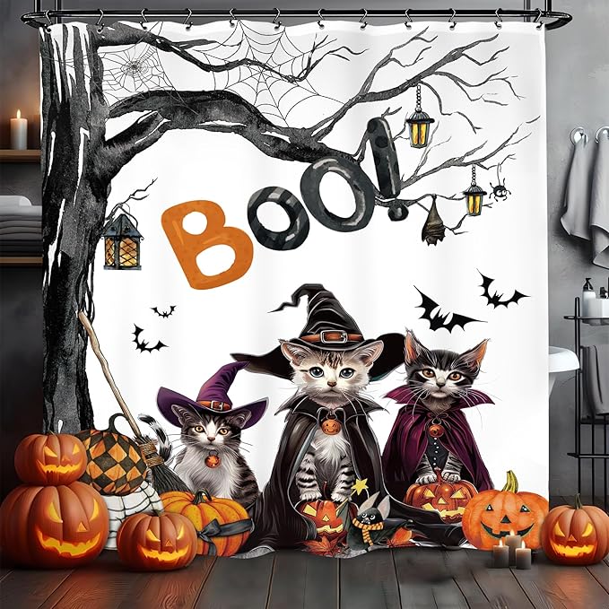 Halloween Cat Gothic Shower Curtain 60Wx72L Inch Pumpkin Horror Spider Bat Scary Spooky Witchy Animal Bathroom Set Accessories Decor with 12 Pack Hooks