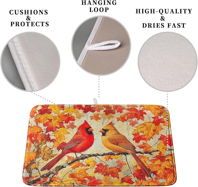 Fall Dish Drying Mats for Kitchen Counter Maple Leaf Cardinal Birds Dish Draining Mat 16x18 Inch Autumn Thanksgiving Dish Rack Mat Microfiber Absorbent Dish Drainer Pad