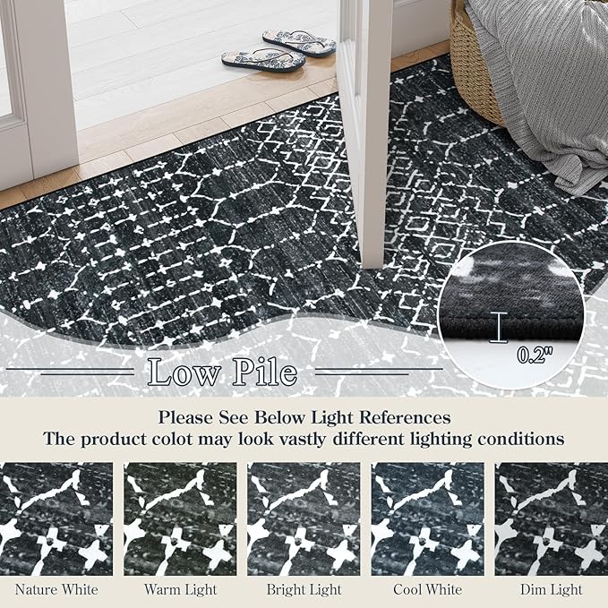 Lahome Moroccan Black 9x12 Rug for Living Room, Washable Non-Slip Ultra-Thin Stain Resistant Area Rug for Dining Room Table, Geometric Print Modren Indoor Carpet for Bedroom Office
