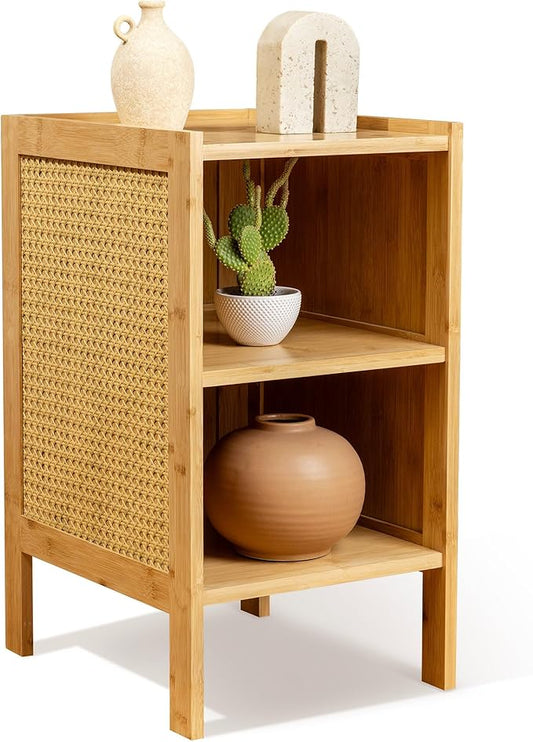 Darza 3 Tier Rattan Nightstand- Boho Side Table- Boho Nightstand with Solid Wood Leg Plastic Rattan End Table for Small Spaces- Rectangular Boho End Table with Open Shelves