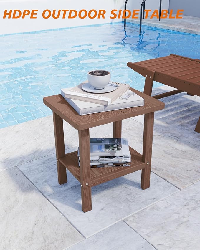 2-Tier Adirondack Square Outdoor Side Table, Pool Composite Patio Table, Weather Resistant End Table for Patio, Backyard, Pool, Easy Maintenance - Brown