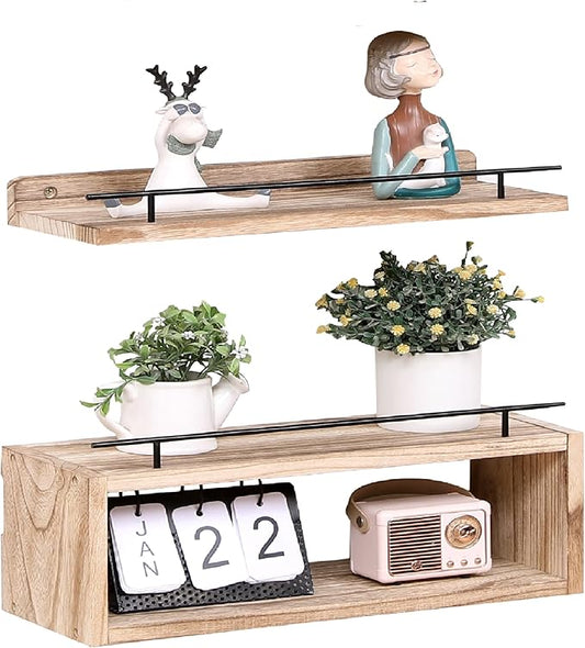 WONFUlity Bathroom Shelves with Storage Basket and Over Toilet Paper Holder, Farmhouse Wood Floating Shelves for Living Room, Bedroom, Kitchen, Wall Decor (2 Pack)