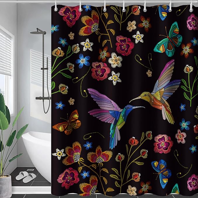AILONEN Retro Hummingbird Shower Curtain,Wild Floral Flower Bathroom Decor with 12 Plastic Hooks,Bird Butterfly Vintage Black Curtains,Modern Bedroom Decor Gifts for Girls Teen Adult 72" W*78" H